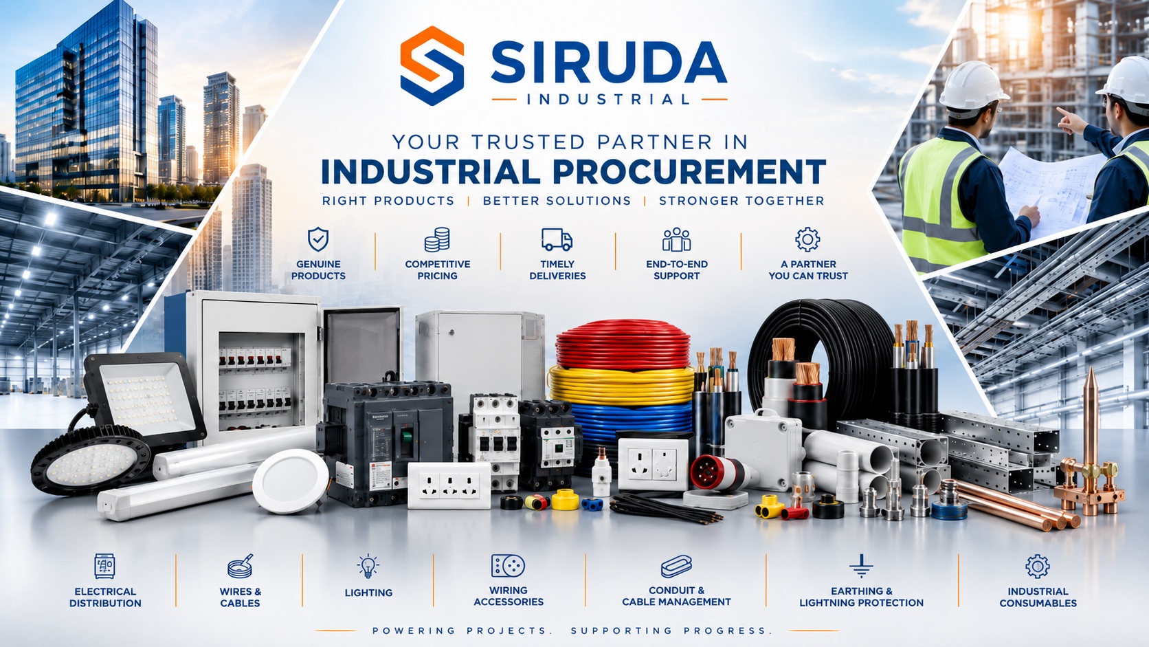 SIRUDA industrial procurement banner highlighting electrical and industrial product categories
